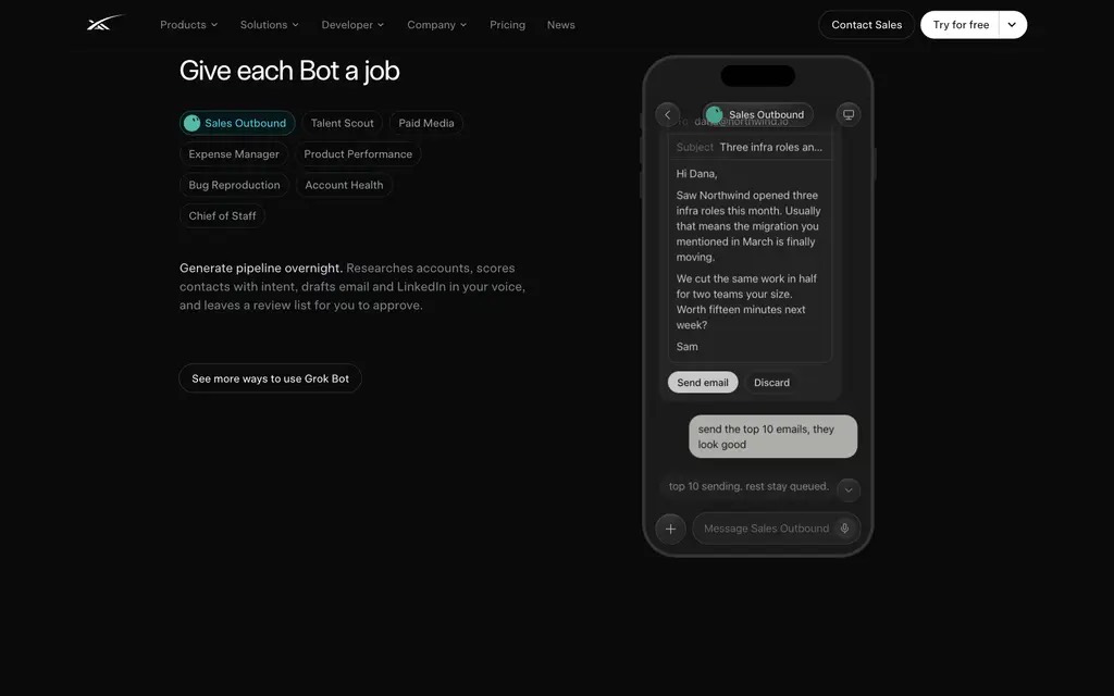 Give each Bot a job：Sales Outbound、Talent Scout 等岗位标签