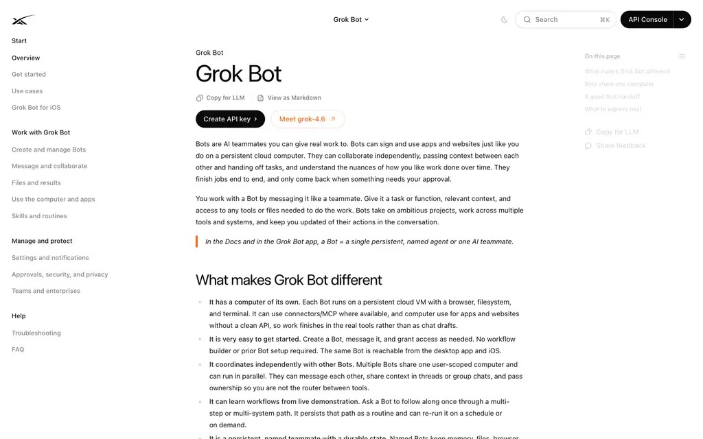 SpaceXAI Docs：Grok Bot 定义与 What makes Grok Bot different