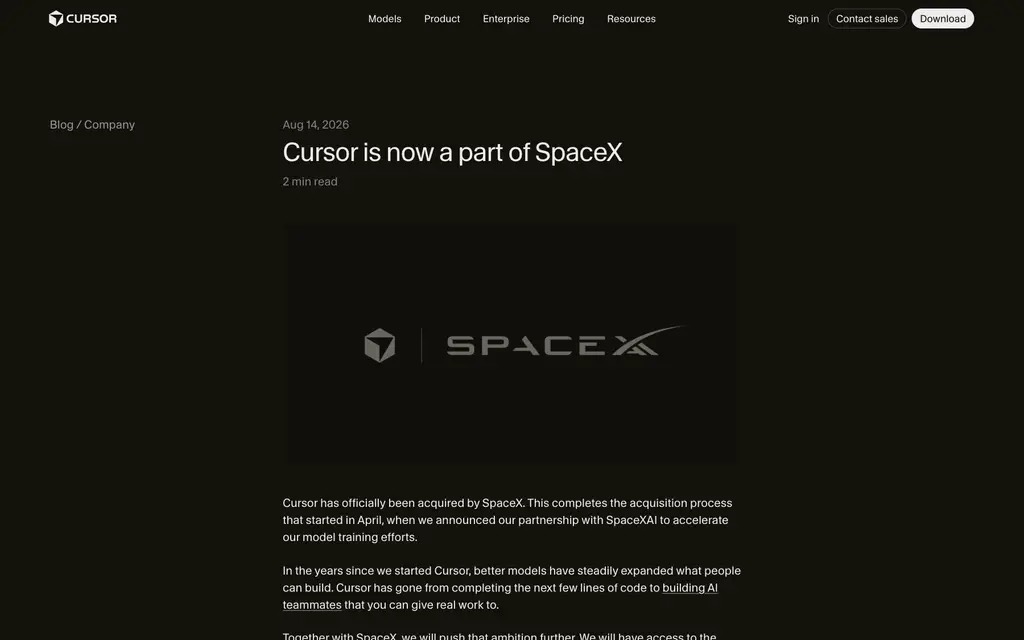 Cursor 博文：Cursor is now a part of SpaceX