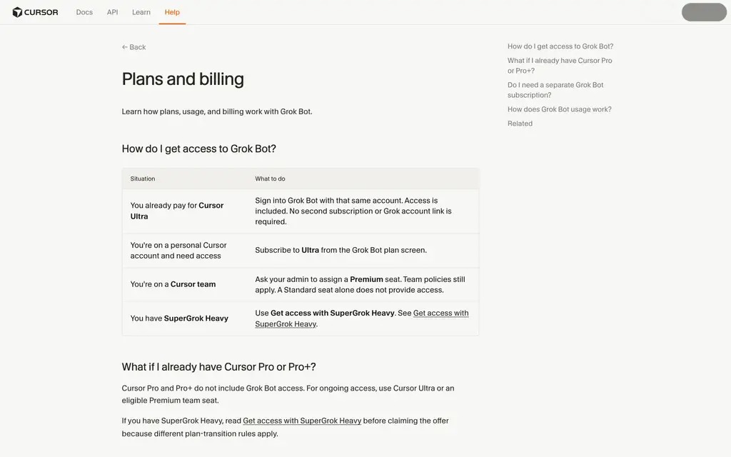 Cursor 帮助页 Plans and billing：如何获得 Grok Bot